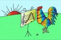 Il·lustració: gall llegint una partitura musical mentre surt el sol | Recurso educativo 19837